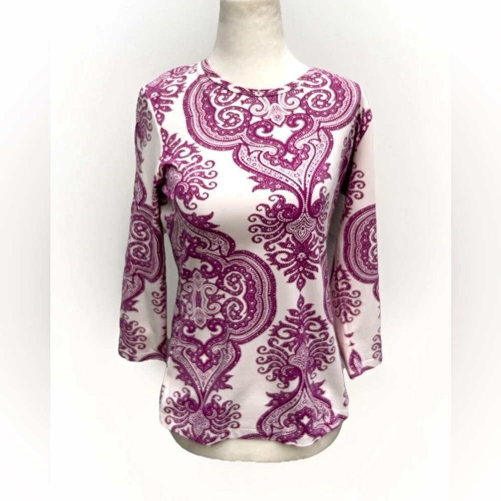 J McLaughlin Top Catalina Cloth Women S Purple Medallion 3/4 Sleeve Stretch